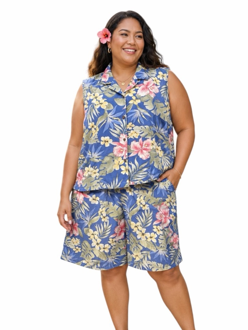 Vintage Hawaii Fashion 2XL Sleeveless Shirt & Elastic Waist Short Set Tropical